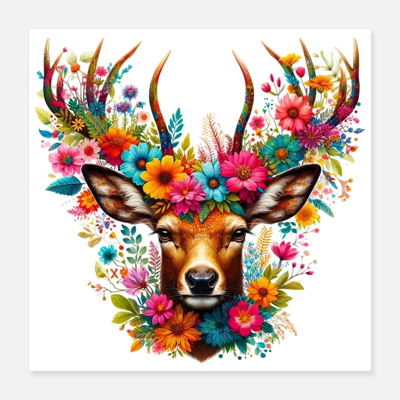 Cerf décoré de fleurs Poster 40 x 40 cm
