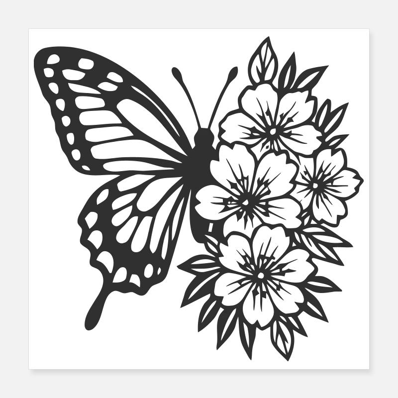 Composition élégante de papillon et de fleurs Poster 40 x 40 cm