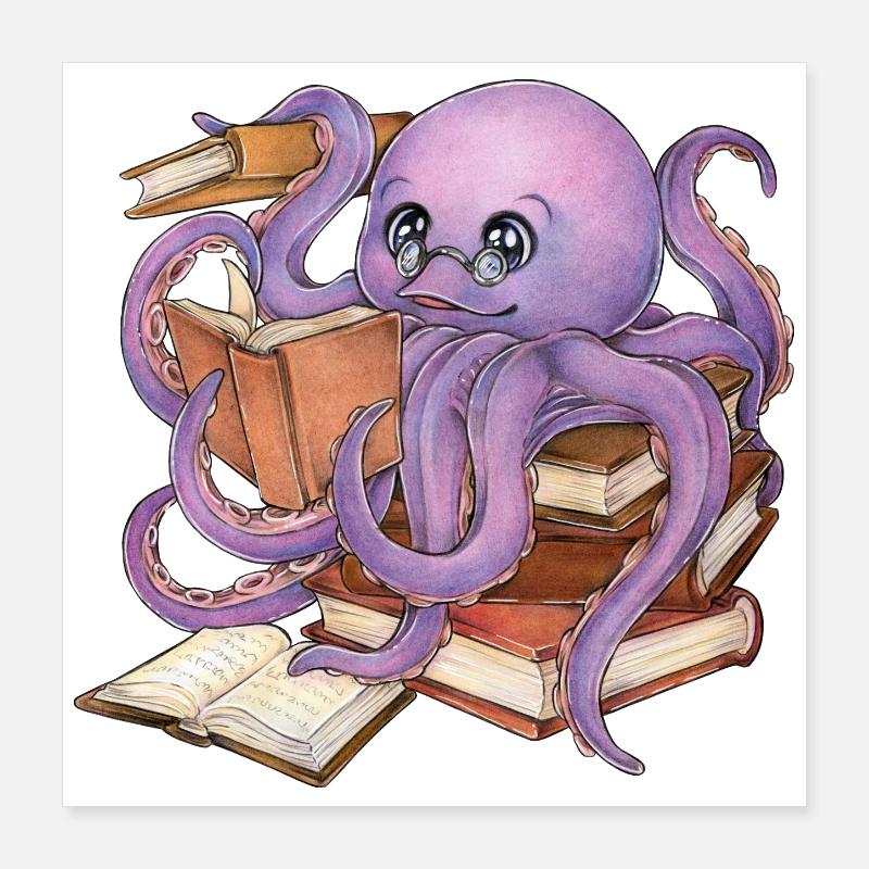 Reading Octopus in Stack of Books Book Gift Poster 16" x 16" (40x40 cm)