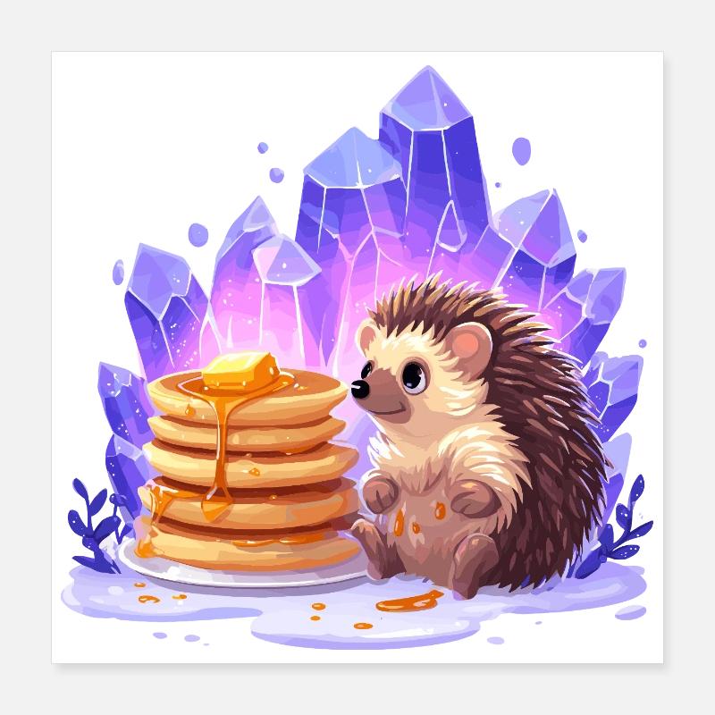 Igel mit Pfannkuchen und Kristallen Poster 40x40 cm