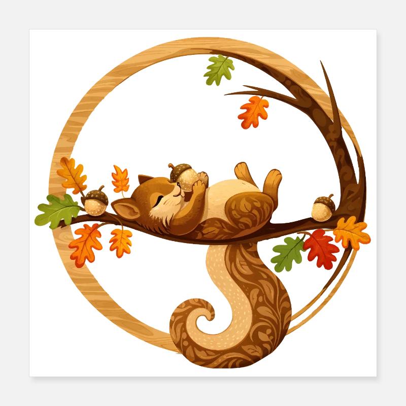 Schlafendes Eichhörnchen im Herbstkreis   Poster 40x40 cm