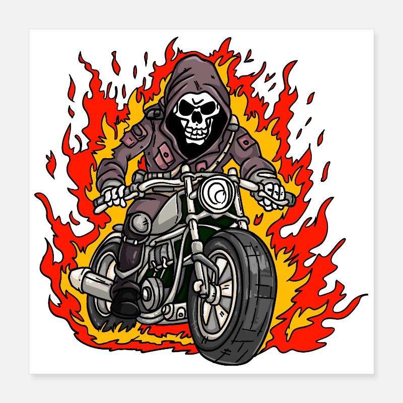 Skeleton Motorcycle Flames Poster 16" x 16" (40x40 cm)