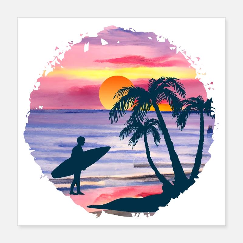 Aquarelle de plage de coucher de soleil d’été Poster 40 x 40 cm