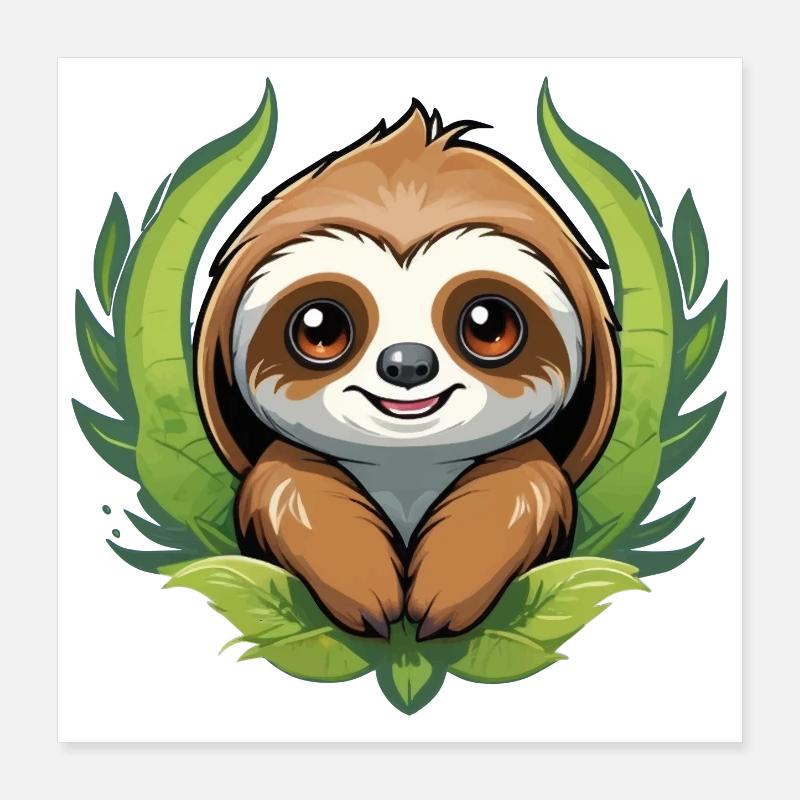 Cute sloth lying between green leaves Poster 16" x 16" (40x40 cm)