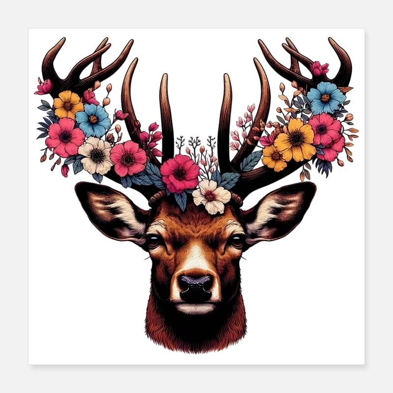 Cerf avec des fleurs Poster 40 x 40 cm