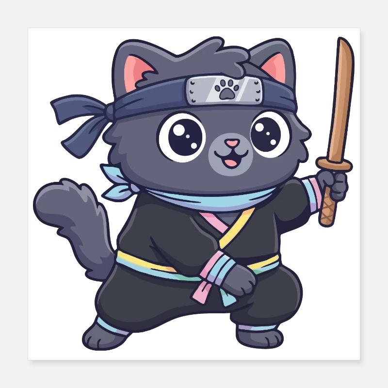 Chat ninja en costume de samouraï Poster 40 x 40 cm