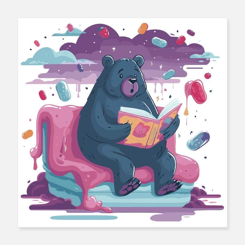 Lesender Bär im Candy-Traum Poster 40x40 cm