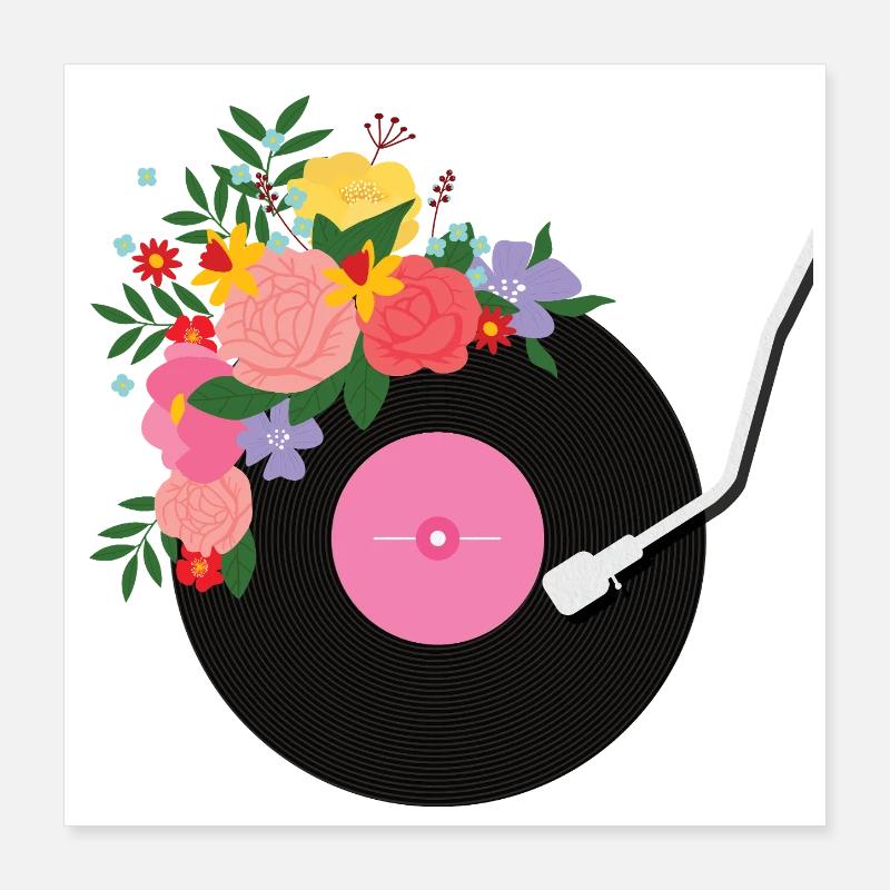 Disque vinyle fleuri Poster 40 x 40 cm