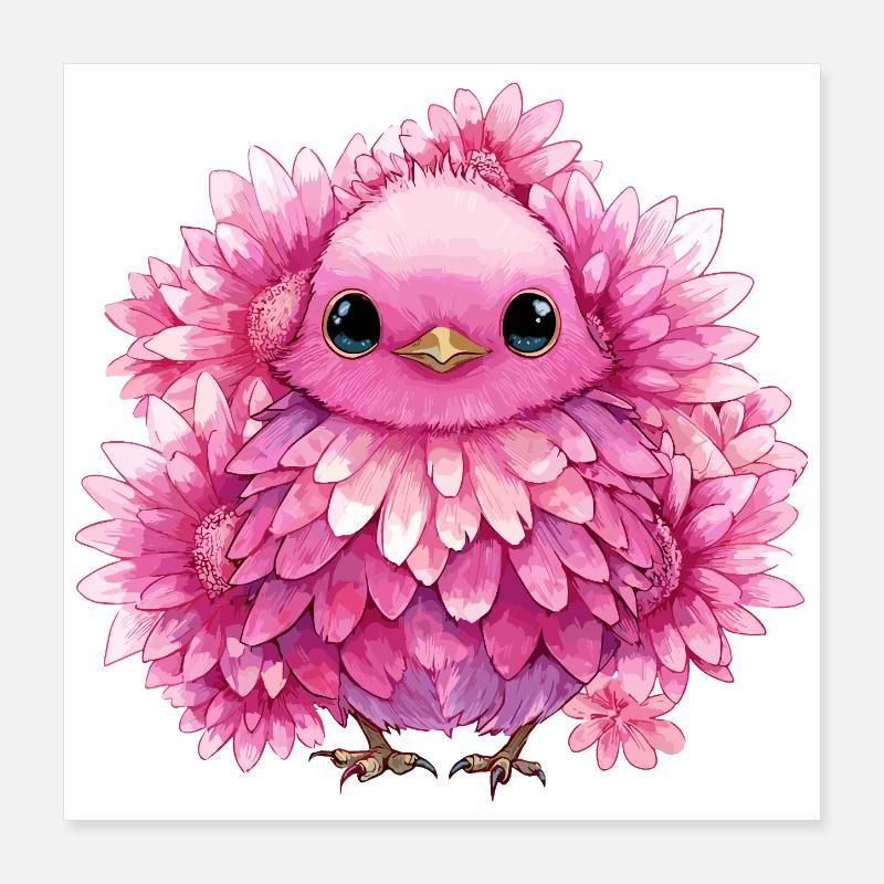 Poussins aux Fleurs Roses Poster 40 x 40 cm