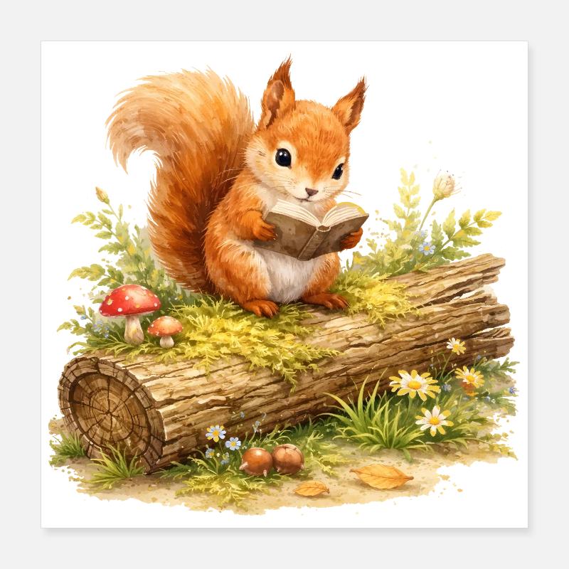 Eichhörnchen liest Buch Illustration  Poster 40x40 cm