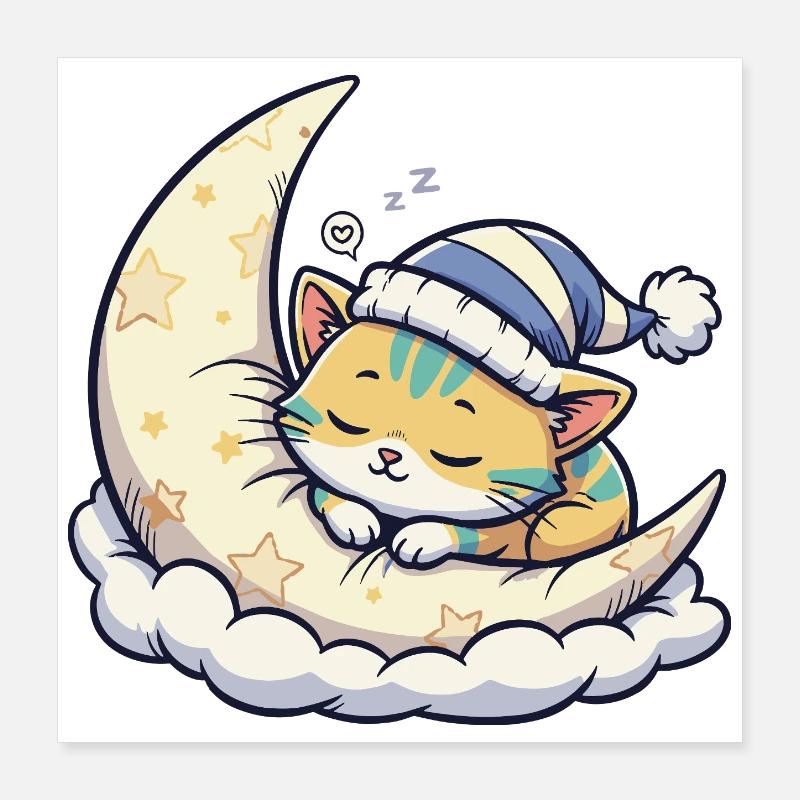 Chat de lune rêvant sur une lune étoilée Poster 40 x 40 cm