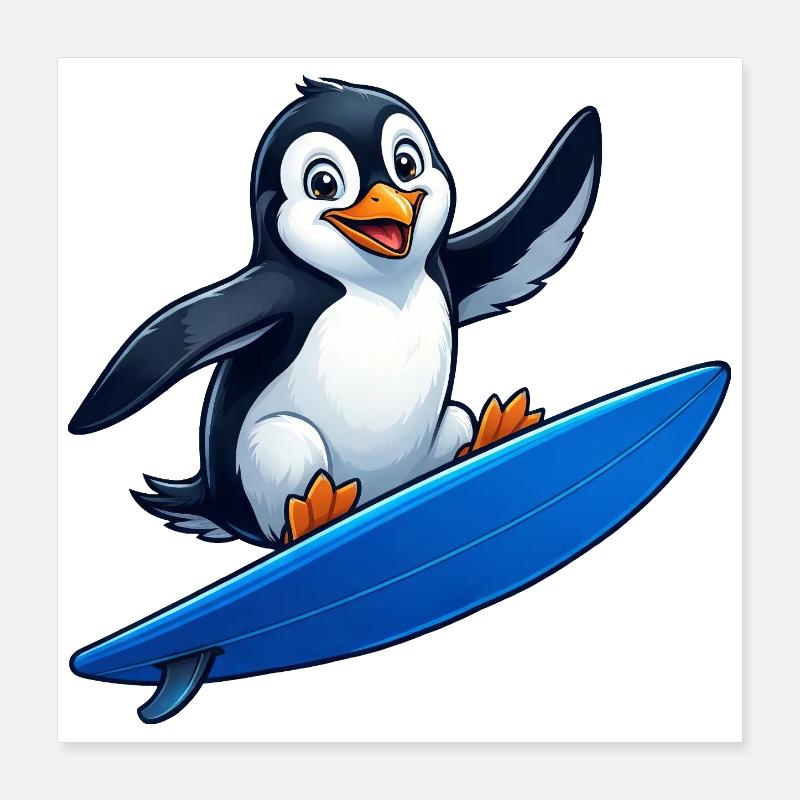 Cute Penguin Surfer Surfing Summer Water Poster 16" x 16" (40x40 cm)