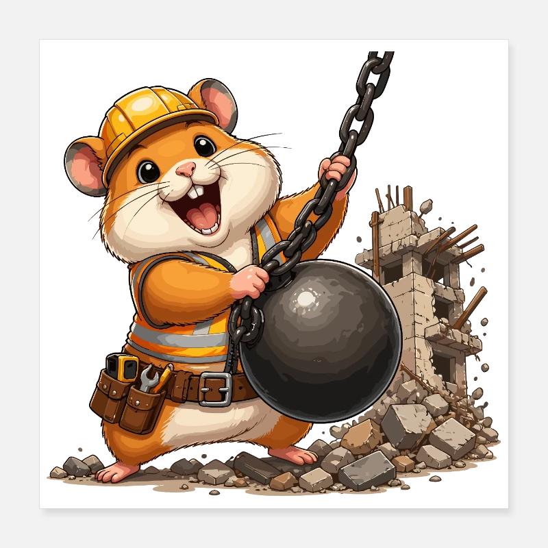 Hamster de chantier avec boule de démolition Poster 40 x 40 cm