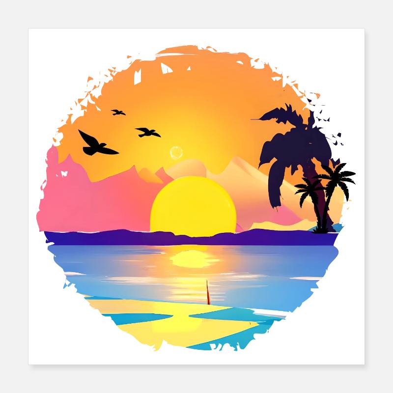 Aquarelle de plage de coucher de soleil d’été Poster 40 x 40 cm