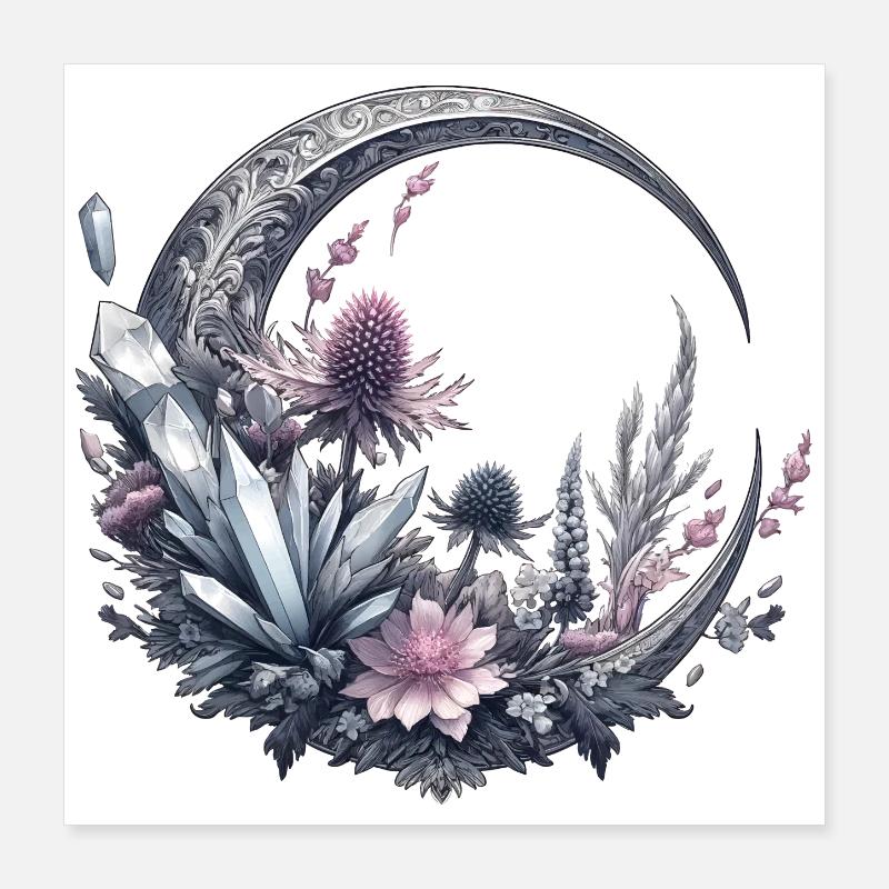 Croissant de lune en argent, avec cristaux et fleurs Poster 40 x 40 cm