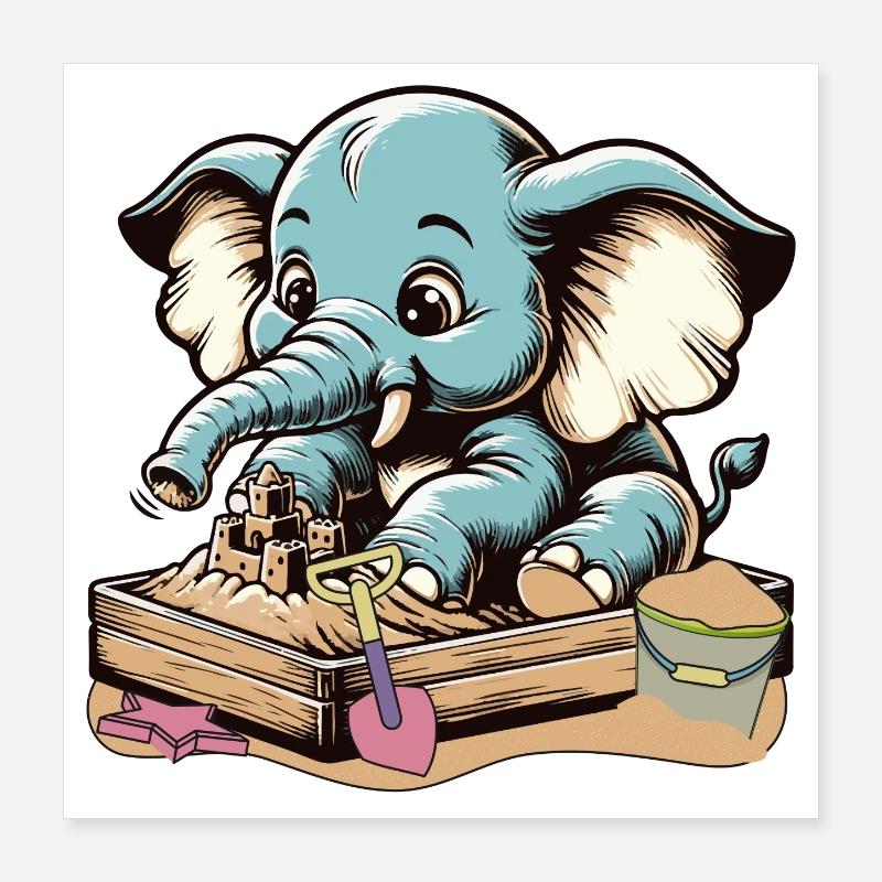 Mignon éléphant de dessin animé bleu dans le bac à sable Poster 40 x 40 cm