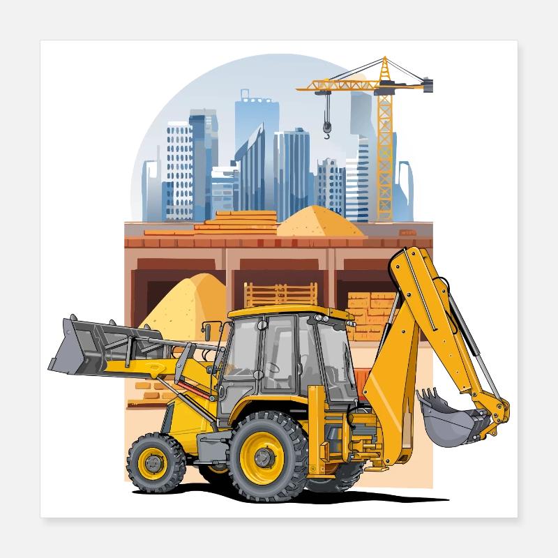 Backhoe Loader, Tractor Loader on Construction Site Poster 16" x 16" (40x40 cm)