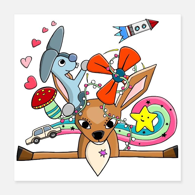 Cerf mignon, collage de lapin avec arc-en-ciel Poster 40 x 40 cm
