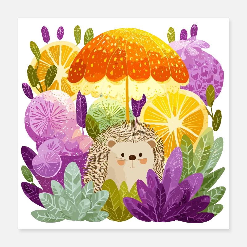Hedgehog under lemon rain Poster 16" x 16" (40x40 cm)