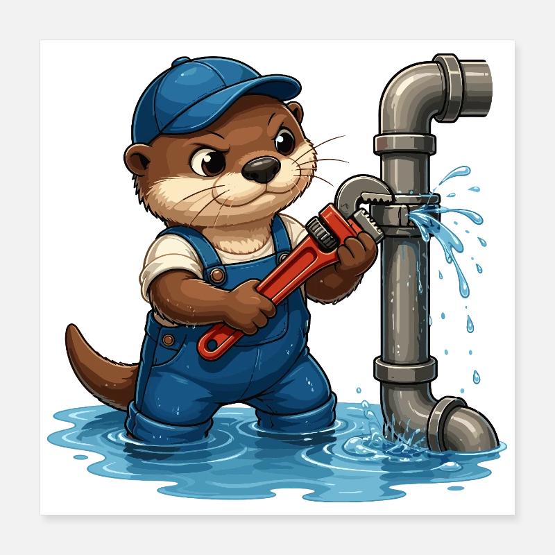 Plumber otter with pipe tool Poster 16" x 16" (40x40 cm)