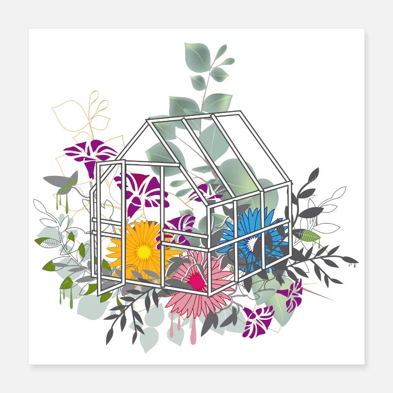 Gewächshaus mit üppiger Blumen und Pflanzenpracht Poster 40x40 cm
