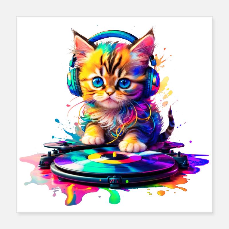 Kätzchen DJ - Regenbogen 2 Poster 40x40 cm