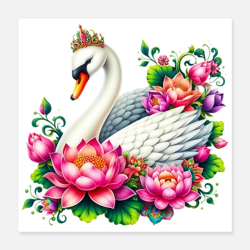Cygne décoré de fleurs de lotus Poster 40 x 40 cm