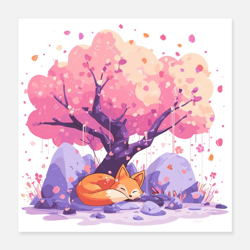 Sleeping fox under cherry tree Poster 16" x 16" (40x40 cm)
