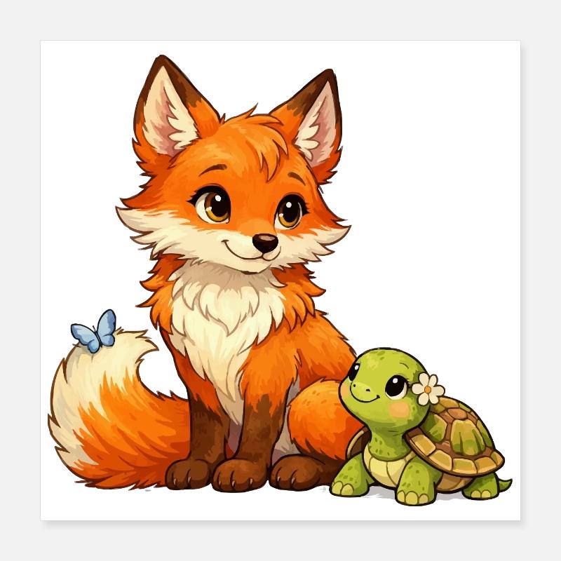 Fox and a cute turtle Poster 16" x 16" (40x40 cm)