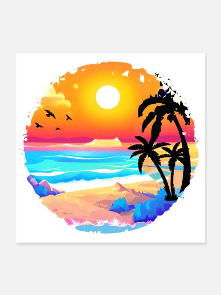 Summer Sunset Beach Watercolor - Poster 16" x 16" (40x40 cm) - white - Front