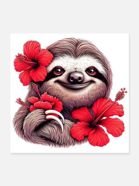 Faultier mit Hibiskusblüten - Poster 40x40 cm - Weiß