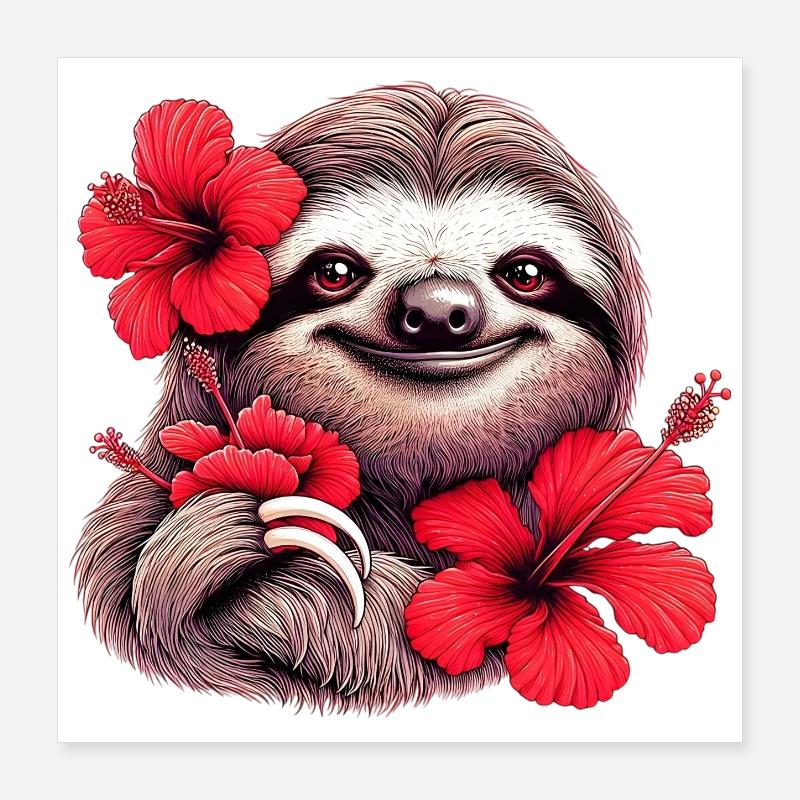 Faultier mit Hibiskusblüten Poster 40x40 cm
