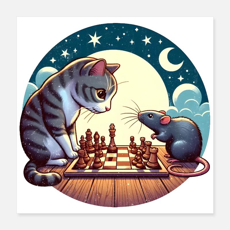 Nocturnal chess duel between cat and mouse Poster 16" x 16" (40x40 cm)
