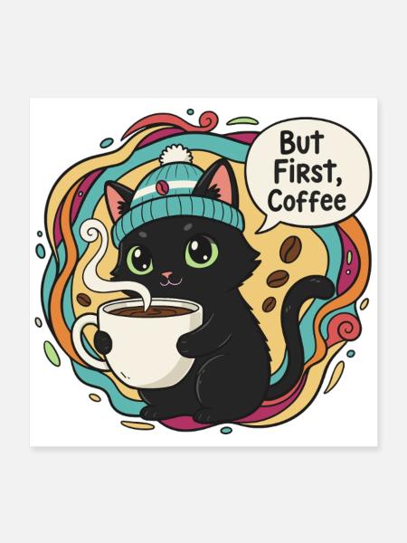 Kaffeezeit Katze mit Mütze - Poster 40x40 cm - Weiß