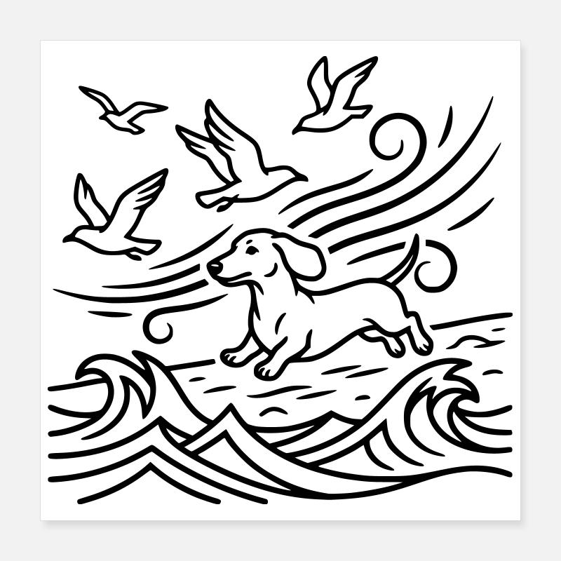 Dackel am Strand Möwen Wellen Meer Moin Poster 40x40 cm