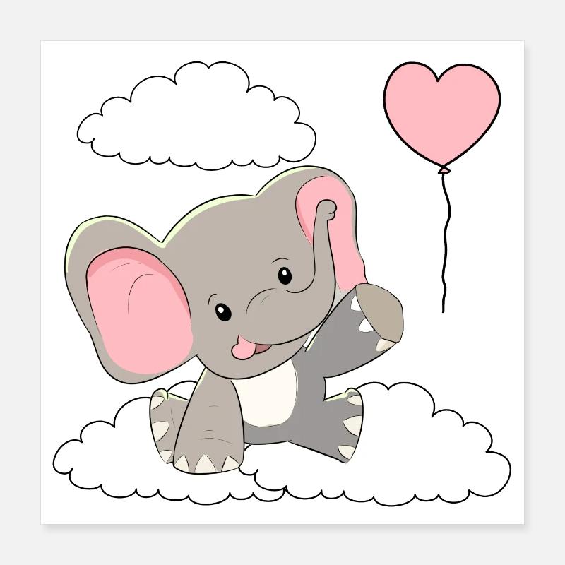 Éléphant Bébé Ballon Nuages Ciel Volant Poster 40 x 40 cm