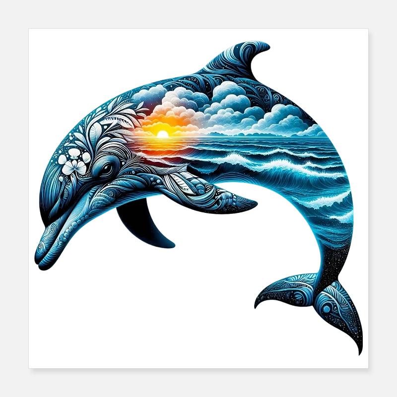 Dekorierter Delfin mit einer Meereslandschaft Poster 40x40 cm