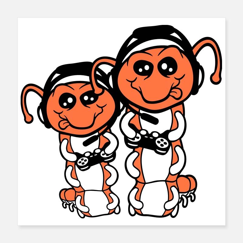 2 Gamer Raupe Nerd zocken Controller Konsole Spiel Poster 40x40 cm