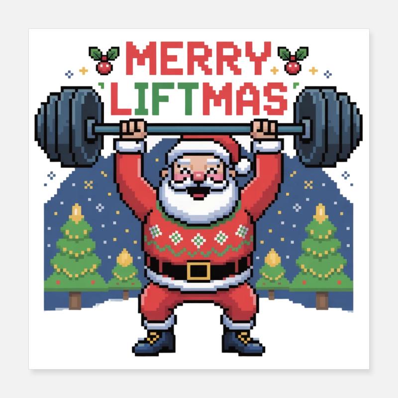 Pixel Santa hebt Gewichte Poster 40x40 cm