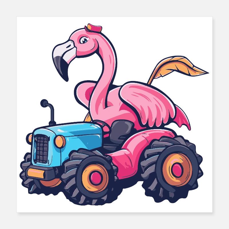 Flamingo Traktor Farmer Poster 40x40 cm