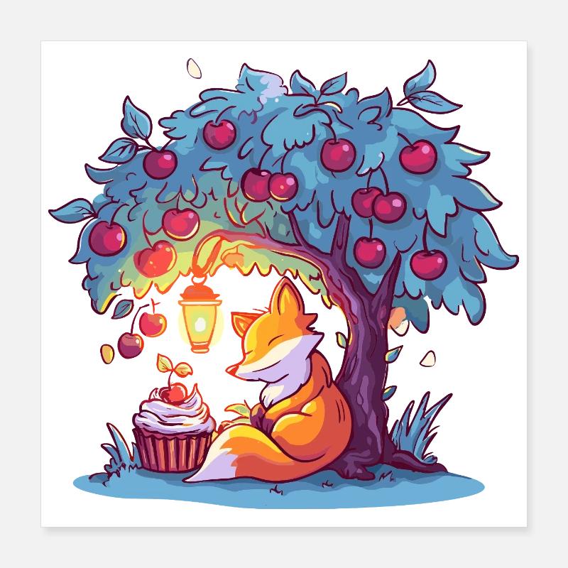 Cherry tree fox at lantern Poster 16" x 16" (40x40 cm)