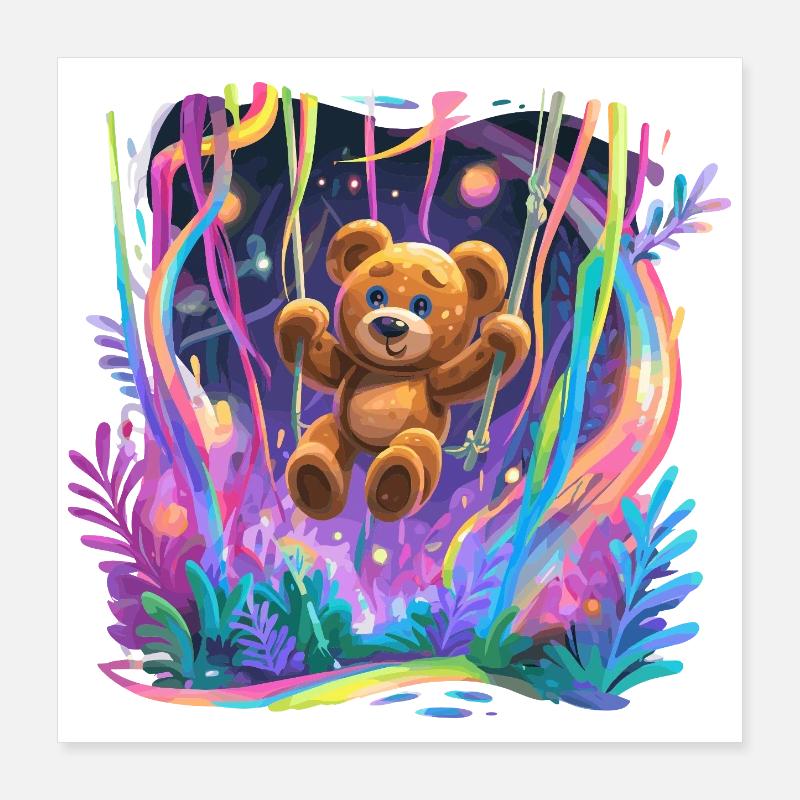 Ours en peluche de forêt néon en balançoire Poster 40 x 40 cm