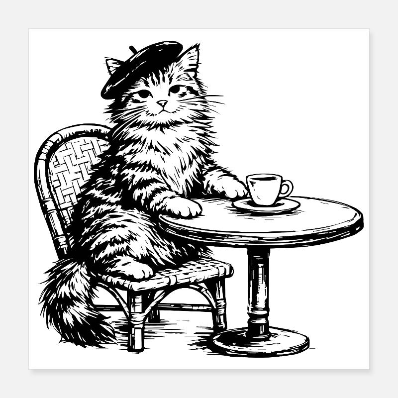 Chat avec béret dans un café au design rétro Poster 40 x 40 cm