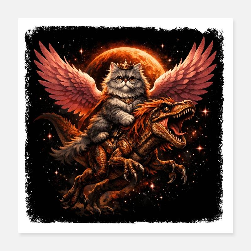 Reine des chats sur T-Rex avec des ailes dans l’espace Poster 40 x 40 cm