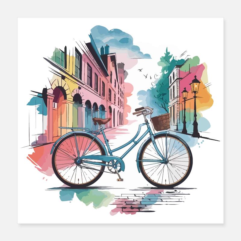 Pastel Cityscape Bicycle Design Poster 16" x 16" (40x40 cm)