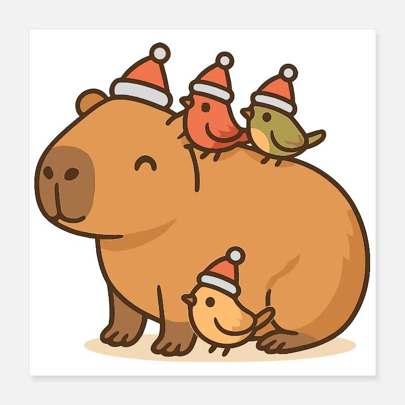 ✨ Capybara aux oiseaux de Noël – Doux et paisible Poster 40 x 40 cm