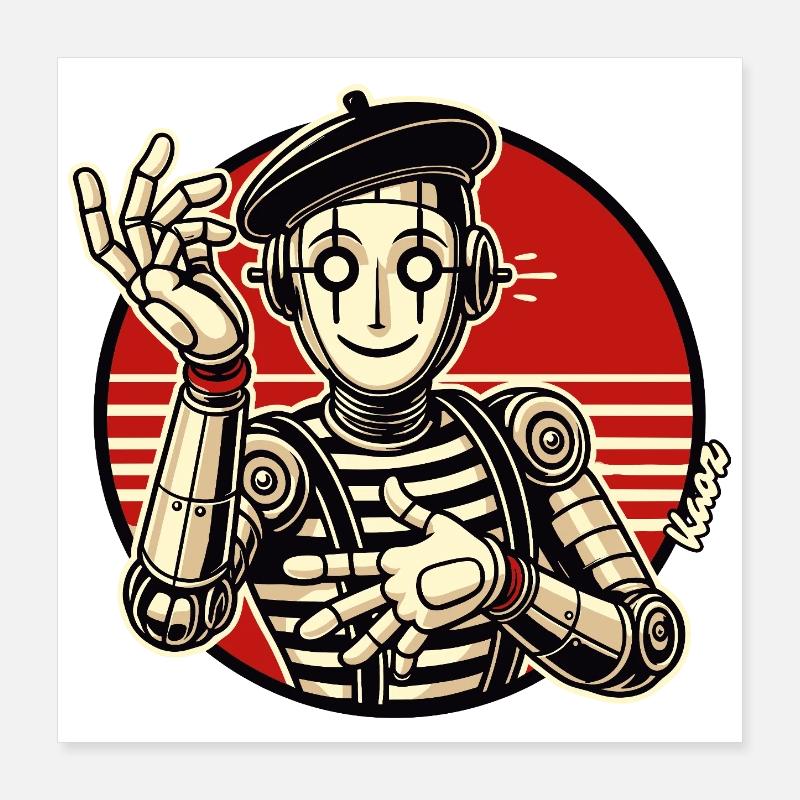 Pantomime de robots rétro avec béret dans le style de la bande dessinée Poster 40 x 40 cm