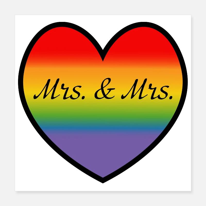 LGBT Mrs and Mrs Rainbow Heart Lesbian Wedding Poster 16" x 16" (40x40 cm)