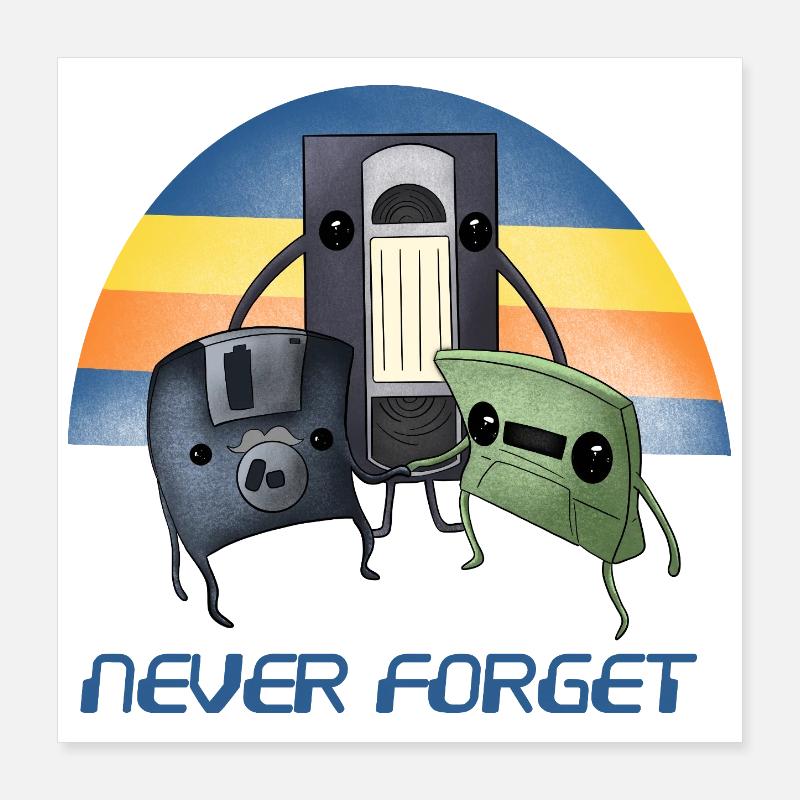Never Forget Retro 90s Cassette VHS Floppy Disk  Poster 16" x 16" (40x40 cm)