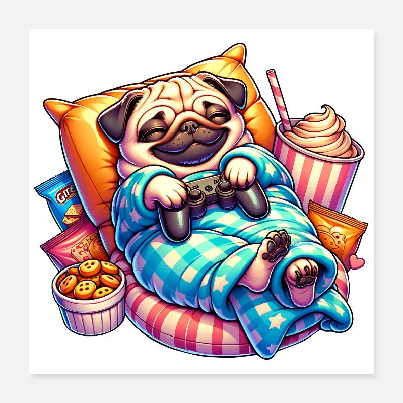 Entspannter Gaming Mops mit Snacks Poster 40x40 cm